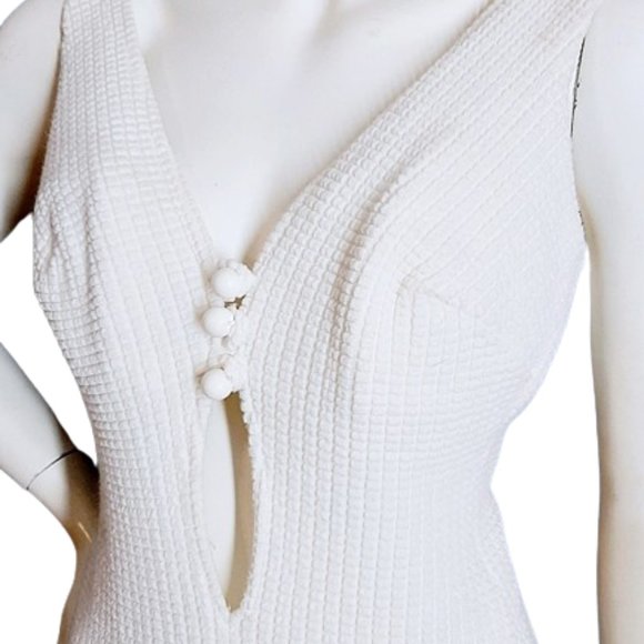 1970s Vintage White Knit One Piece Swimsuit With Deep Plunging Open Front Unworn - Picture 3 of 12